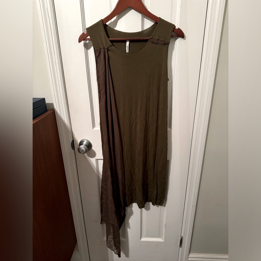 Pier Antonio gaspari olive green rayon dress. Small hole in the shawl/wrap